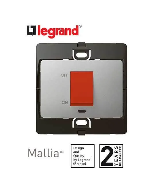 Double Pole Switch Mallia, 1 Gang, 1 Way with Indicator, 45 A, 250 V~, Silver