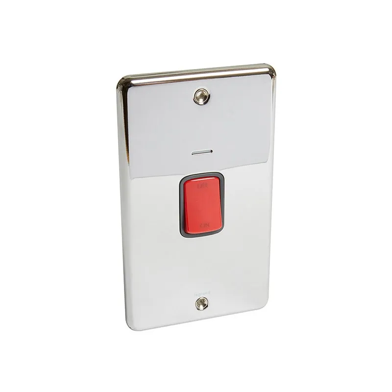 ليجراند - مفتاح مزدوج القطب Synergy Authentic، مجوز، 45A، 250V، مع مؤشر طاقة LED أزرق، عمودي، Polished Stainless Steel