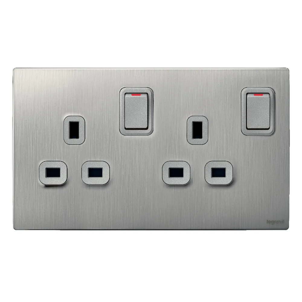 LEGRAND - British Standard Double Pole Socket Outlet Mallia, 2 Gang, Switched, 13 A, 250 V~, Brushed Aluminium