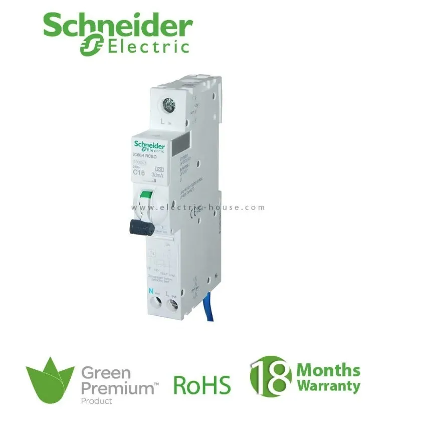 SCHNEIDER - RCBO Breaker, Acti9 iC60H, Earth Leakage, 1P + Ns, C curve, 10A, 30mA, 240 V