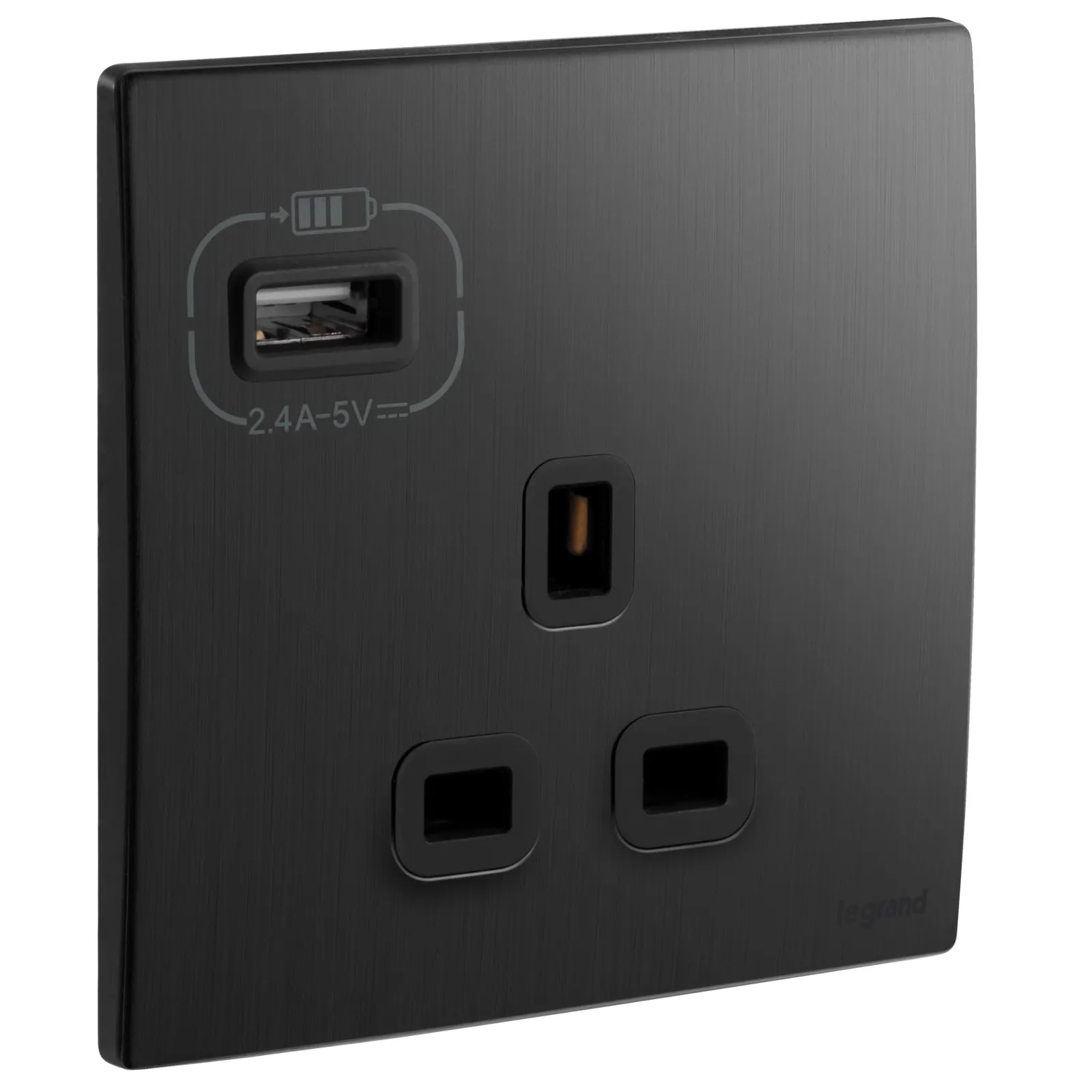 LEGRAND - British Standard Single Pole Socket Outlet with USB Type-A 2.4 A Charger Mallia, 1 Gang, Unswitched, 13 A, 250 V~, Brushed Black