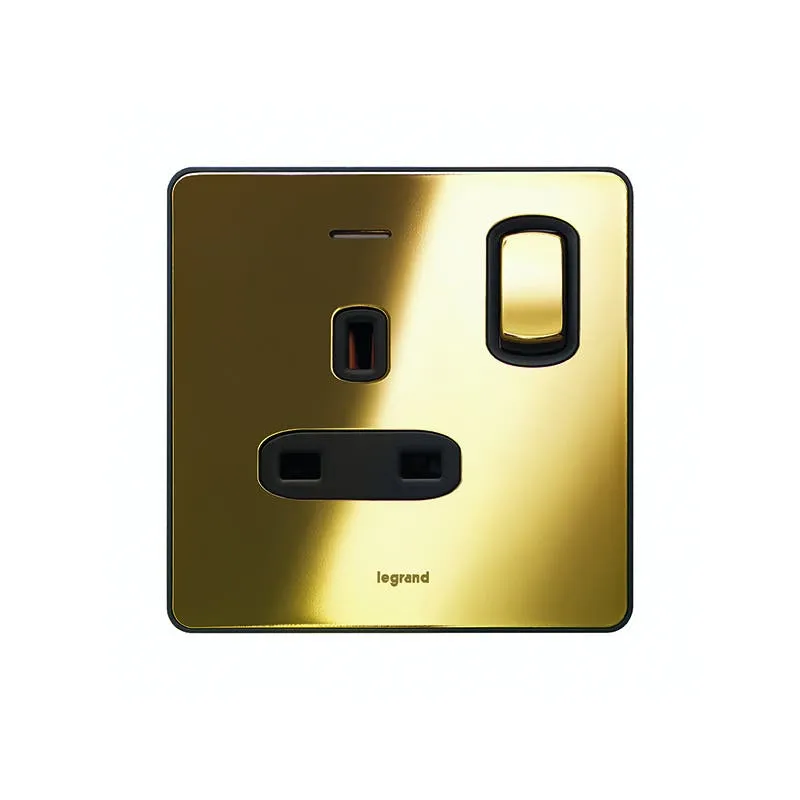 ليجراند - مقبس مزدوج Synergy Sleek، 1 موديول مفتاح، 13A، 250V، مزود بمؤشر طاقة LED أزرق، Glossy Gold