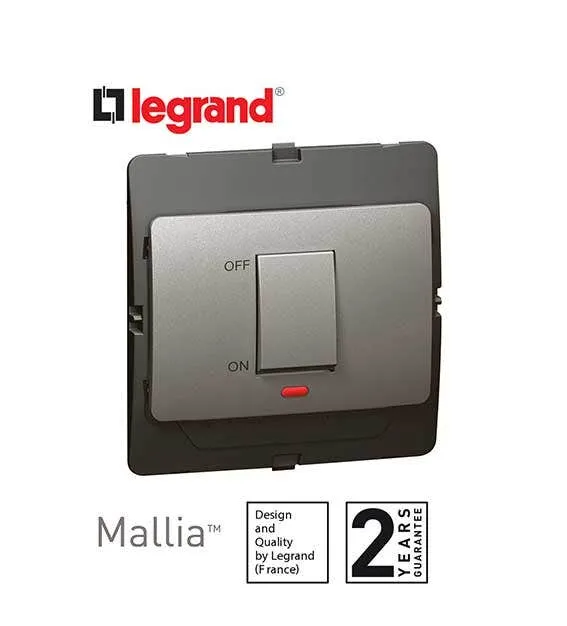 Double Pole Switch Mallia, 1 Gang, 1 Way with Indicator, 45 A, 250 V~, Dark Silver