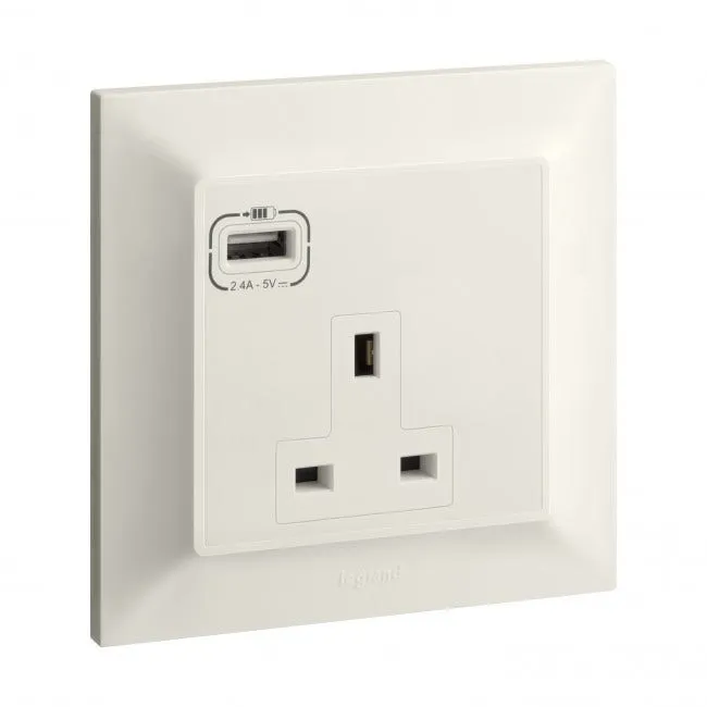 LEGRAND - British standard socket outlet with USB Type-A charger Belanko S - 13A x 250V~ 1 gang unswitched - Ivory