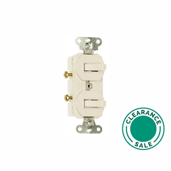 Double Combination Switch, 3 Way, 1 Pole, 15A, 120/277V, Non-Grounding, White