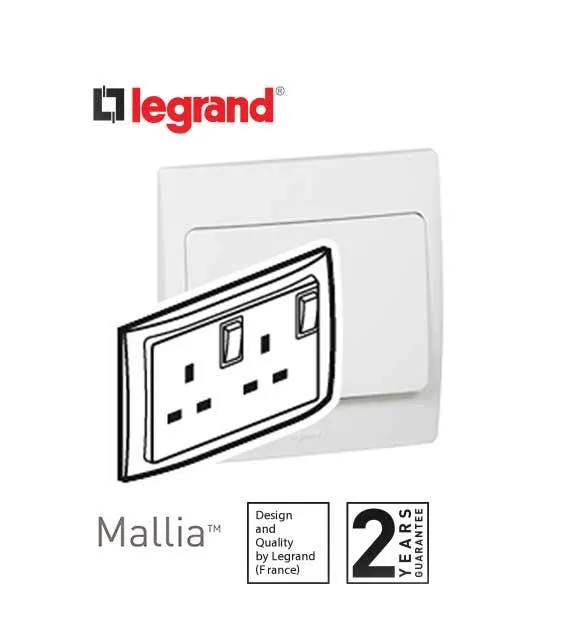 Double Pole Socket Outlet Mallia, switched, 1 Gang+Led, 13 A, 250 V~, White