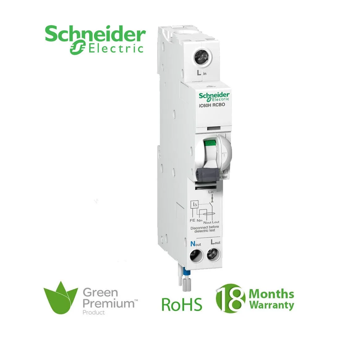 SCHNEIDER - RCBO Breaker, Acti9 iC60H, Earth Leakage, 1P + Ns, C curve, 25A, 100mA, 240 V