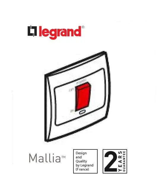 Double Pole Switch Mallia, 1 Gang, 1 Way Indicator + Cooker Marking, 45 A, White