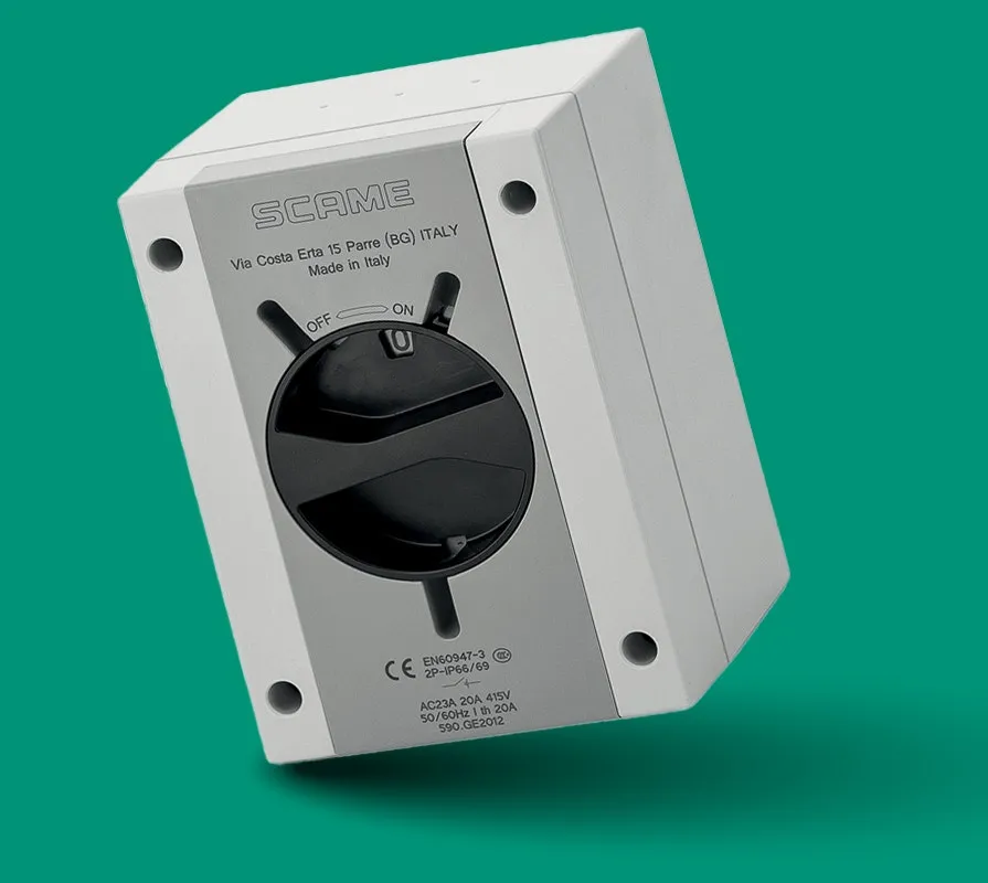SCAME - Enclosed Switch Disconnector, 20A, 3P, IP66/IP69, 110x150x87mm, Y1 IK09, General, Thermoplastic, GW 650°C, Grey/Black