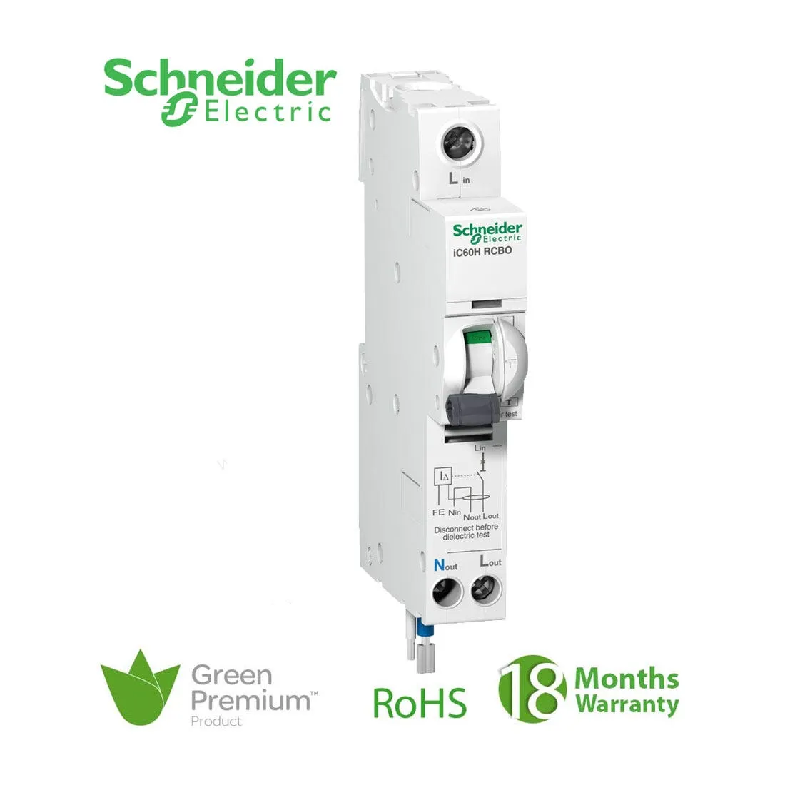 SCHNEIDER - RCBO Breaker, Acti9 iC60H, Earth Leakage, 1P + Ns, B curve, 16A, 30mA, 240 V