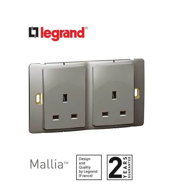 Socket Outlet Mallia, Unswitched, 2 Gang, 13 A, 250 V~, Dark Silver