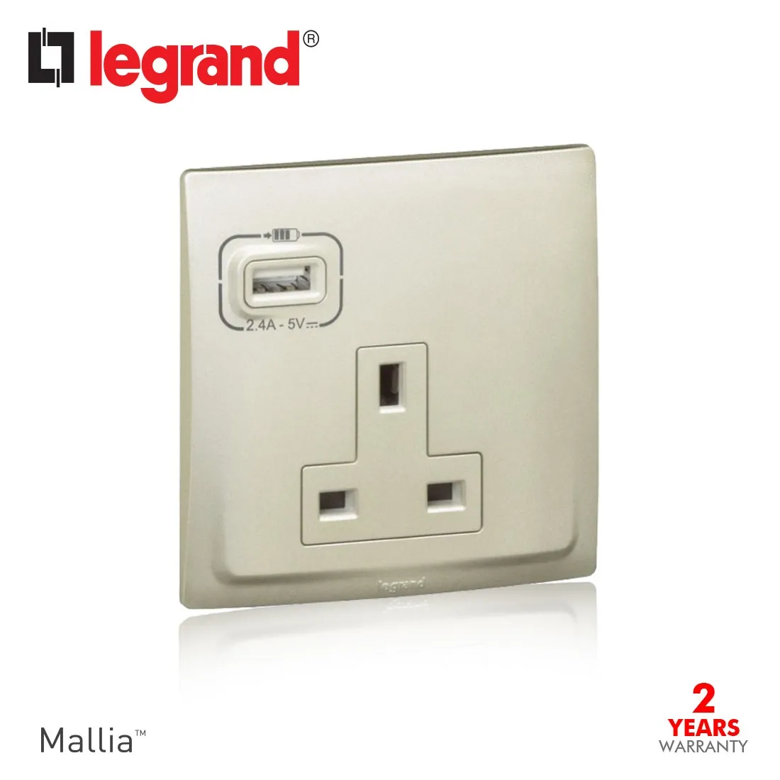 British Standard Socket Outlet with USB Charger Mallia-Unswitched, 1 Gang, 13 A 250 V~