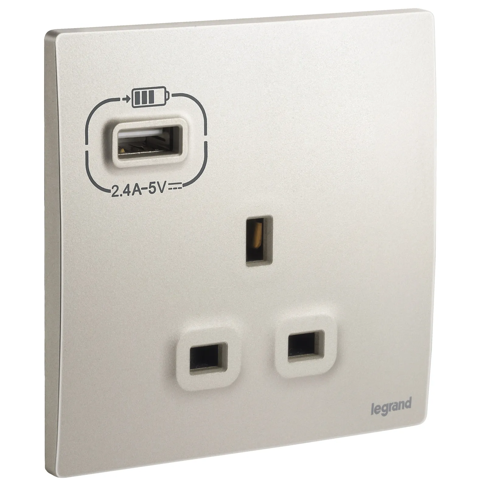 LEGRAND - British Standard Single Pole Socket Outlet with USB Type-A 2.4 A Charger Mallia, 1 Gang, Unswitched, 13 A, 250 V~, Champagne