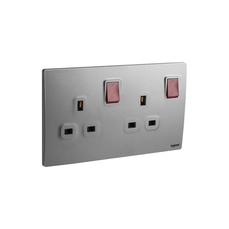 LEGRAND - Double Pole Switched Socket Outlet Mallia Senses, BS, 2 Gang, 13A, 250V, with Led, Dark Silver