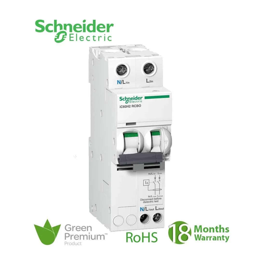 SCHNEIDER - RCBO Breaker, Acti9 iC60H2, Earth Leakage, 2P, C curve, 10A, 30mA, 240 V