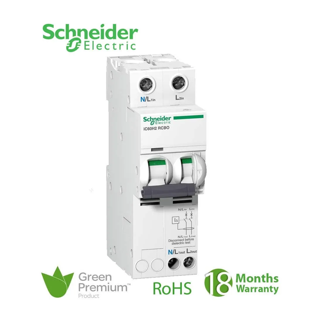 SCHNEIDER - RCBO Breaker, Acti9 iC60H2, Earth Leakage, 2P, C curve, 32A, 30mA, 240 V