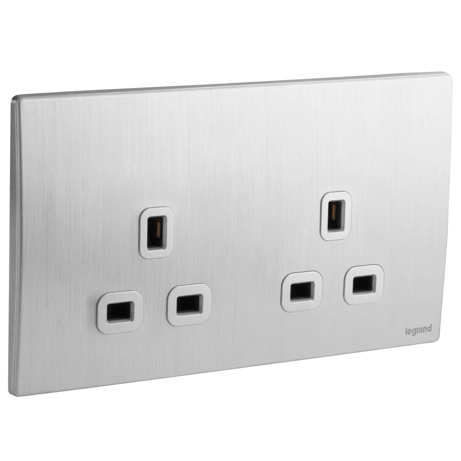 LEGRAND - British Standard Single Pole Socket Outlet Mallia, 2 Gang, Unswitched, 13 A, 250 V~, Brushed Aluminium