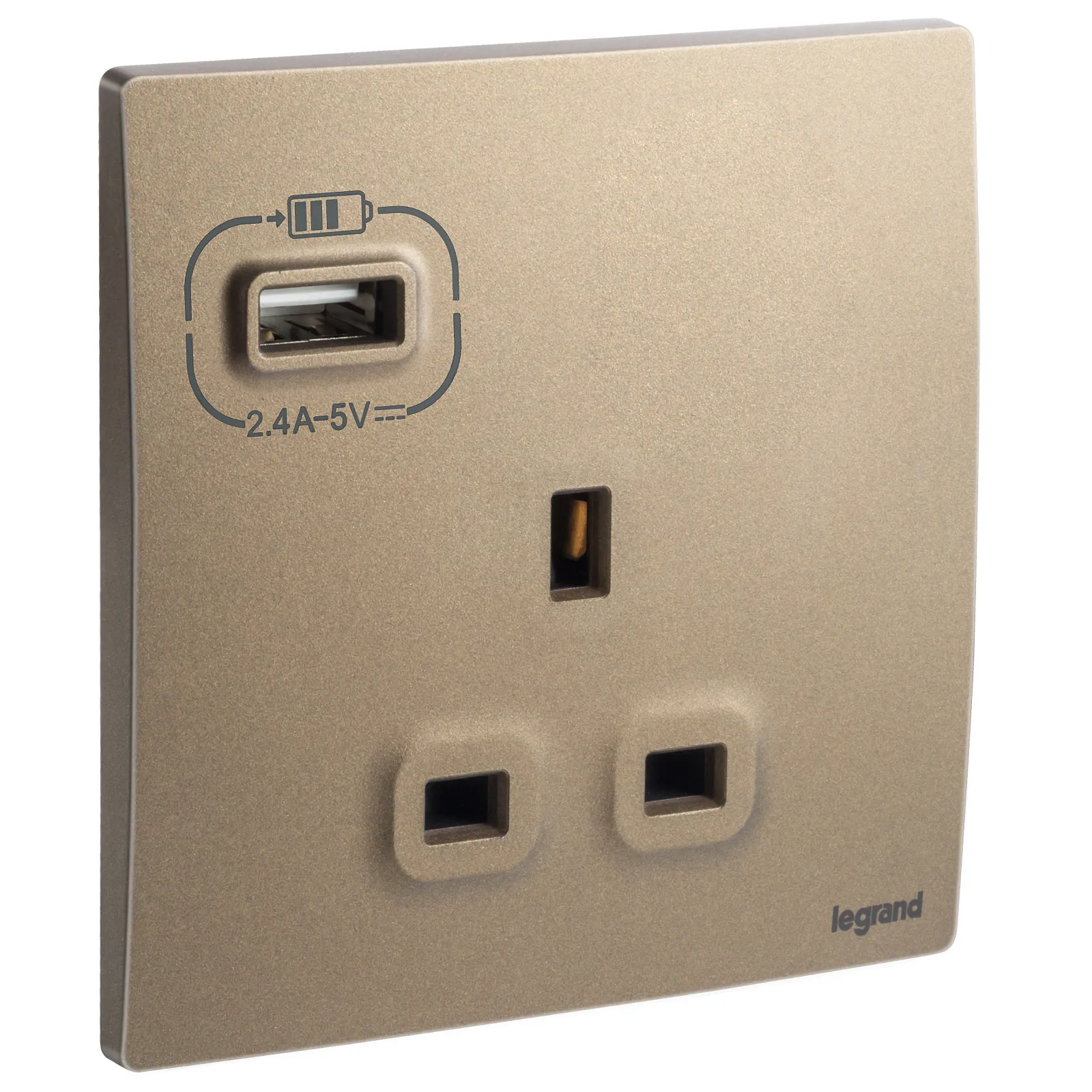 LEGRAND - British Standard Single Pole Socket Outlet with USB Type-A 2.4 A Charger Mallia, 1 Gang, Unswitched, 13 A, 250 V~, Dark Bronze
