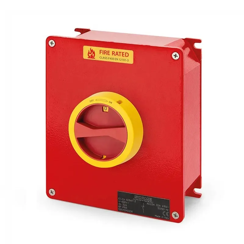 SCAME - Enclosed Switch Disconnector, 125A, 3P+N, IP65, 264x315x122mm, Y5, IK08, Emergency, Yellow/Red, Fire Rated