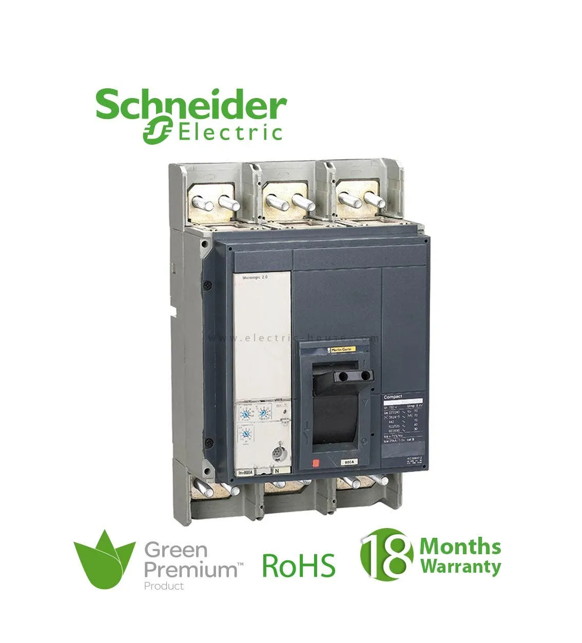 SCHNEIDER - MCCB Breaker, ComPact NS800N, 50 kA at 415 VAC, Micrologic 2.0 Trip Unit, 800 A, Fixed, 3P 3d