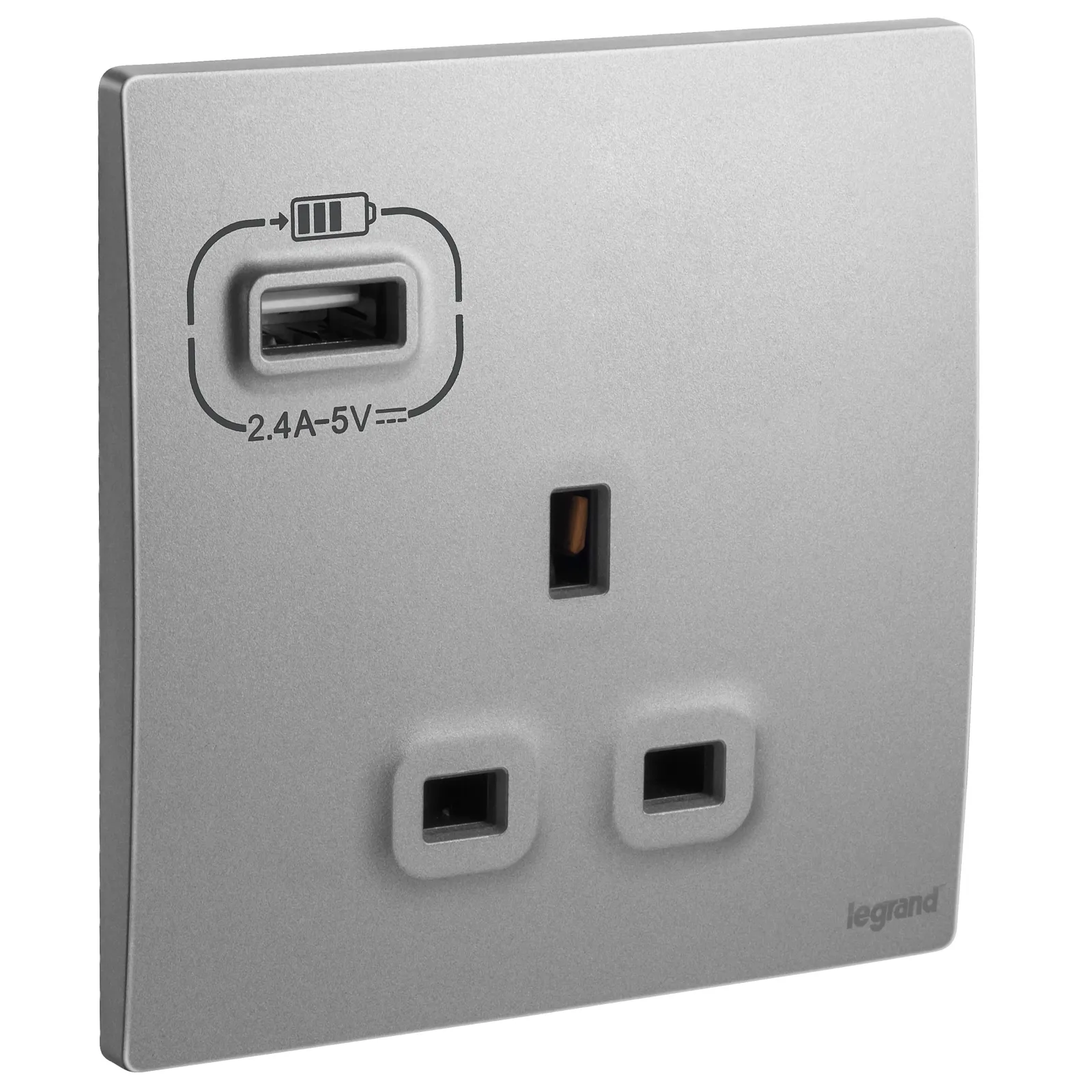LEGRAND - British Standard Single Pole Socket Outlet with USB Type-A 2.4 A Charger Mallia, 1 Gang, Unswitched, 13 A, 250 V~, Dark Silver