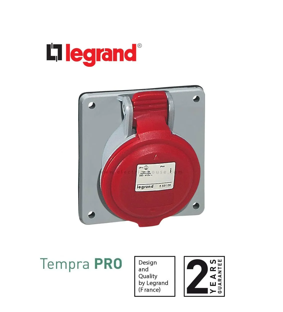 LEGRAND - Panel Mounting Socket P17, Inclined Outlet, IP44, 380/415 V~, 32 A, 3P+N+E