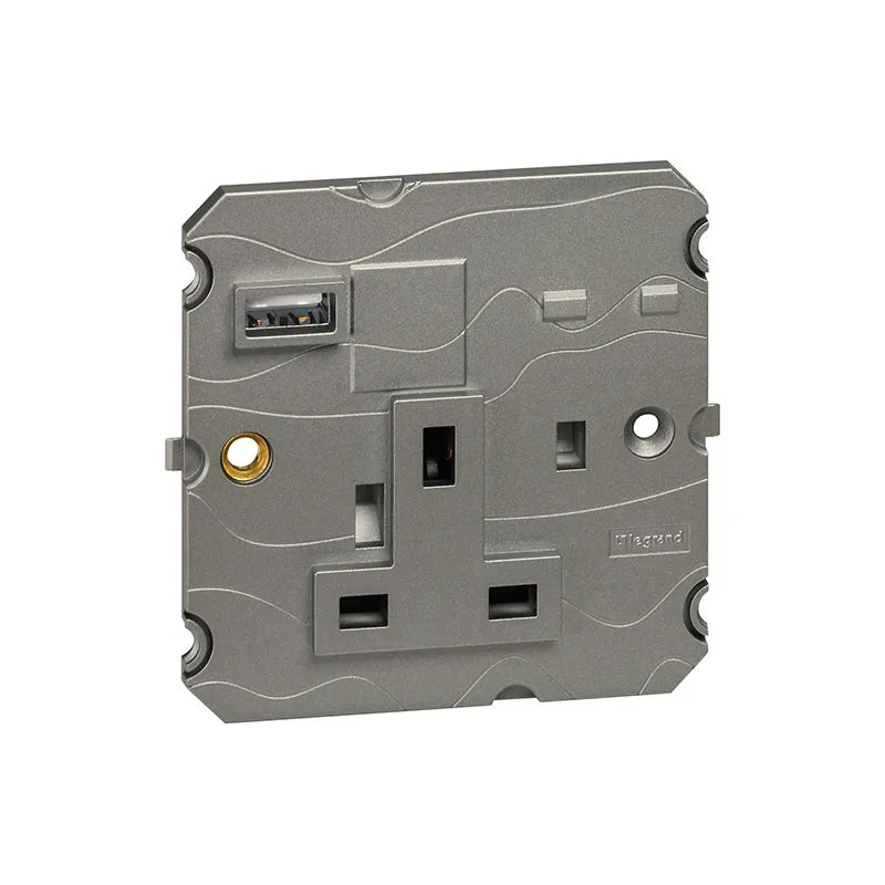 LEGRAND - Single Pole Socket Outlet Arteor, BS, 13A 250V, 2P+E Unswitched, 1 Gang, with USB-A 15W Charger, Magnesium