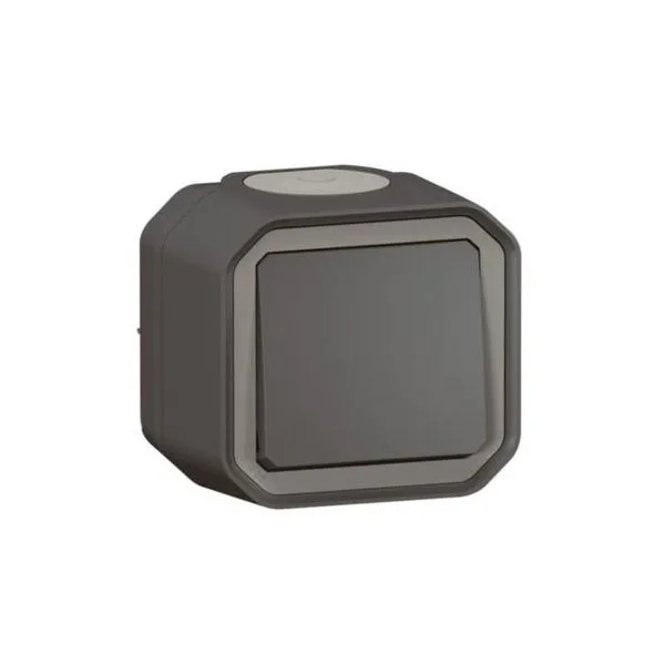 ليجراند - زر ضغط Plexo، IP55، تلامس مفتوح + مؤشر، 10A 250V، تركيب سطحي، أنثراسايت