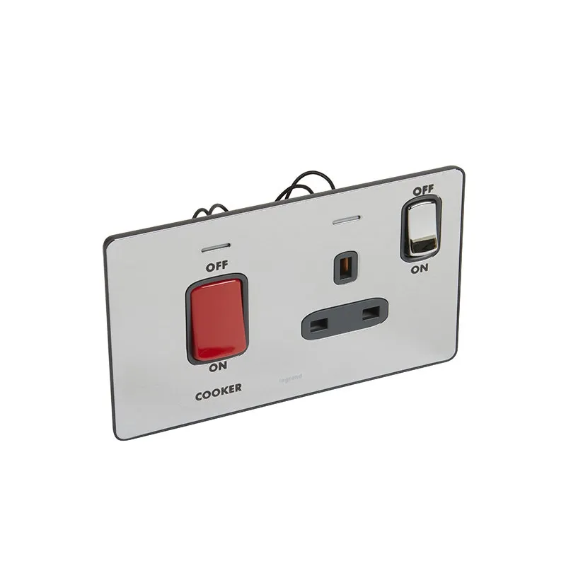 ليجراند - مفتاح مزدوج القطب Synergy Sleek، مجوز، 45A، 250V، مع مخرج مأخذ BS 13A + علامة للموقد، Polished Stainless Steel